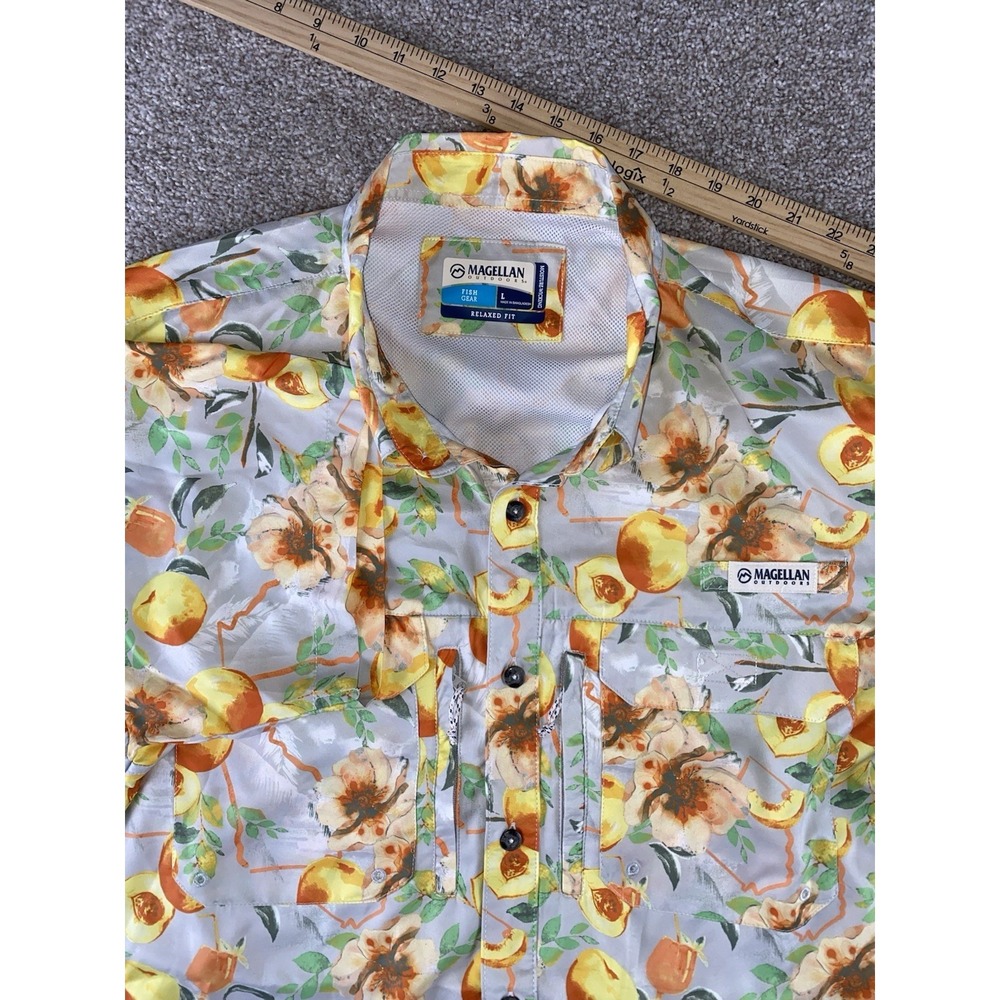 Magellan Fishing Shirt All Over Peach Tree Print Vented Wicking Mens L Classic